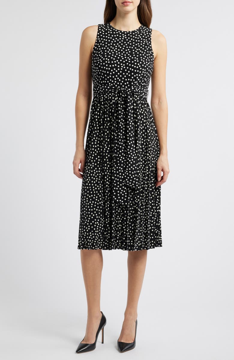 Anne Klein Polka Dot Pleat Skirt Midi Dress, Main, color, 