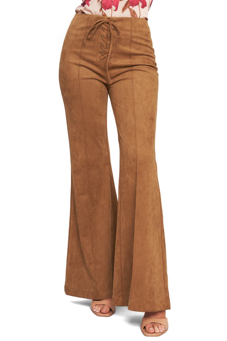 Faux Suede Bell Bottom Pants, Main, color, CAMEL
