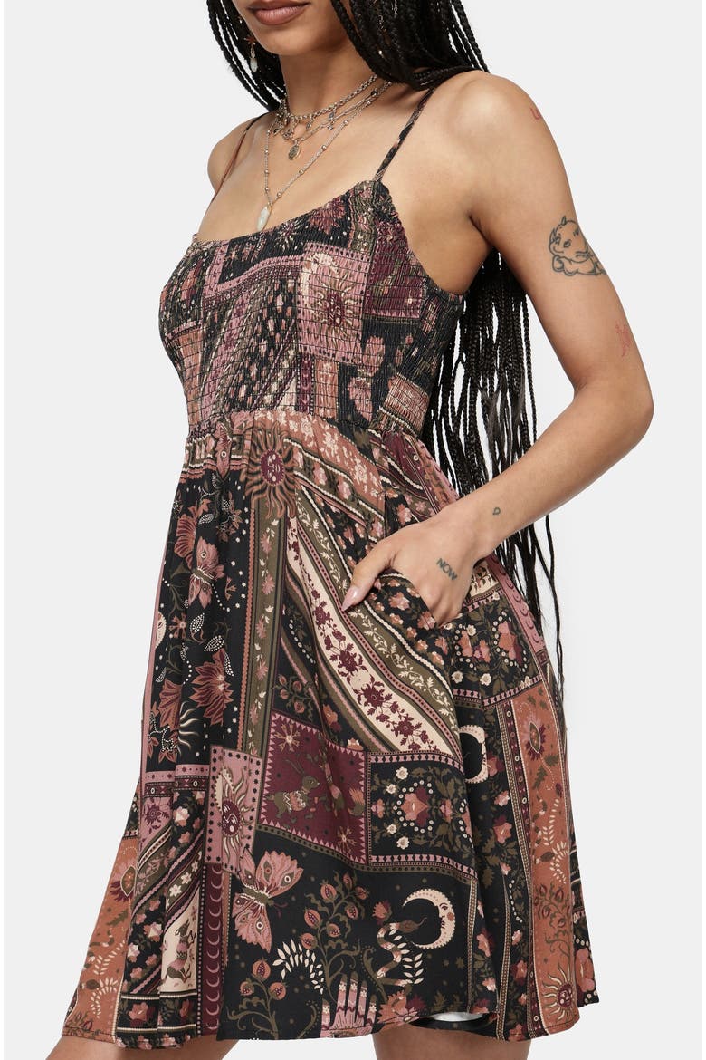 Nola Folk Patchwork Print Mini Dress, Alternate, color, Black