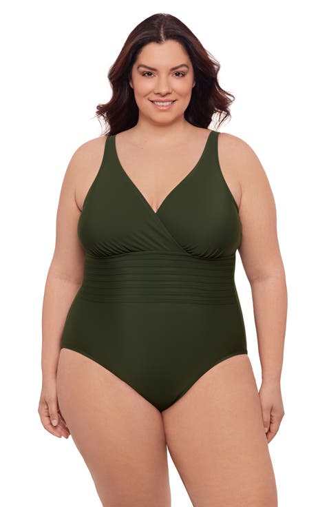 Plus Size V-Neck Surplice Trim Overlay Full Coverage One-Piece Swimsuit