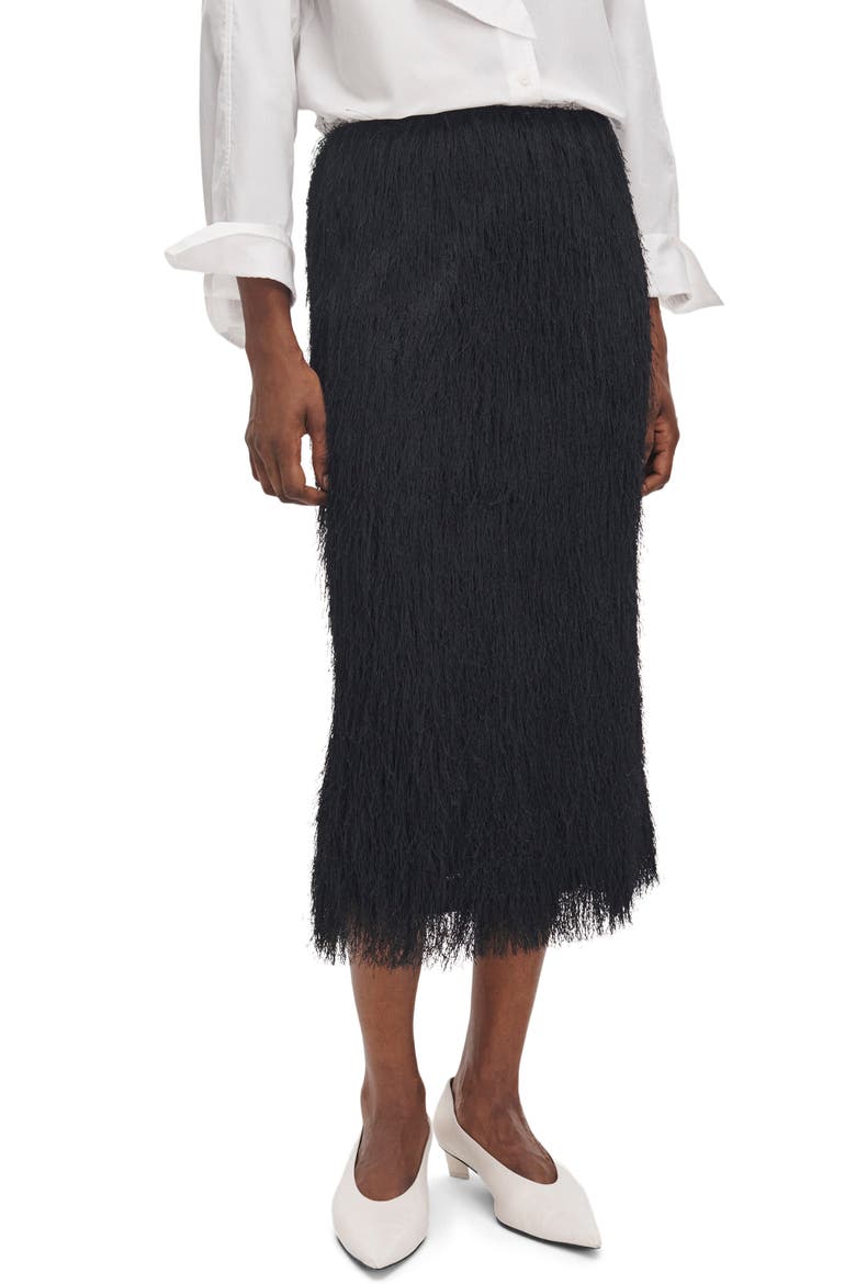 Amalia Eyelash Fringe Midi Skirt, Alternate, color, BLACK