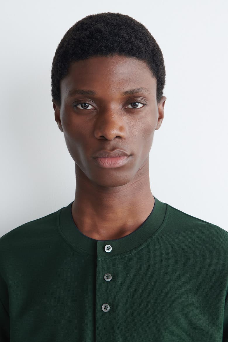 Contrast-tipped Cotton-piqué Henley Top, Alternate, color, FOREST GREEN