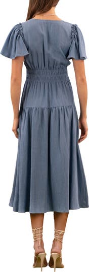 Flutter Sleeve Smocked Chambray Midi Dress