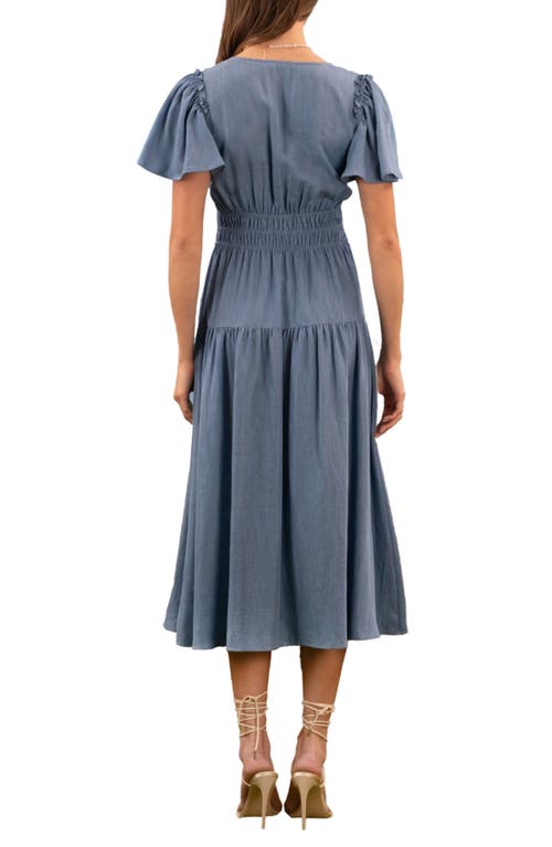 August Sky Flutter Sleeve Smocked Chambray Midi Dress In Chambray