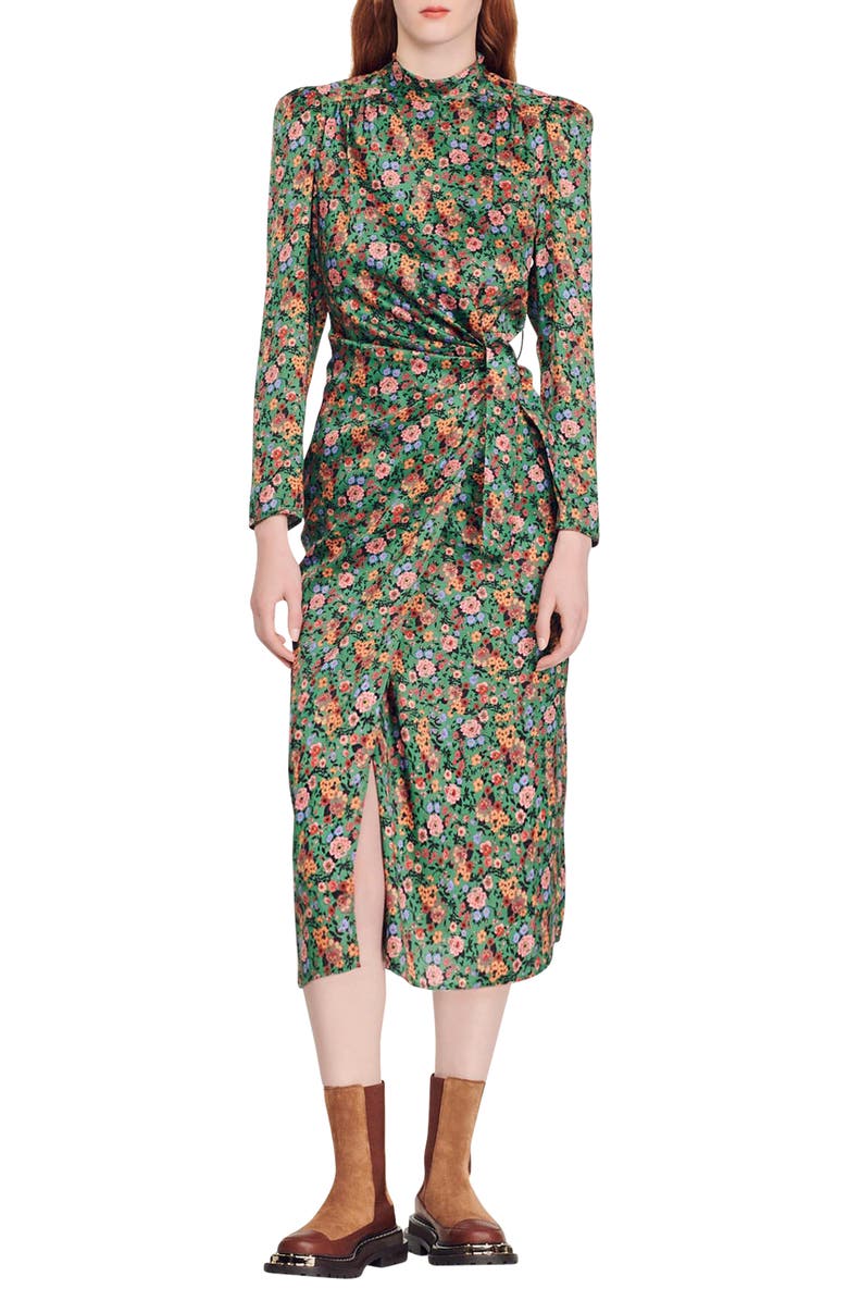 SANDRO Lueur Floral Long Sleeve Midi Dress, Main, color, 
