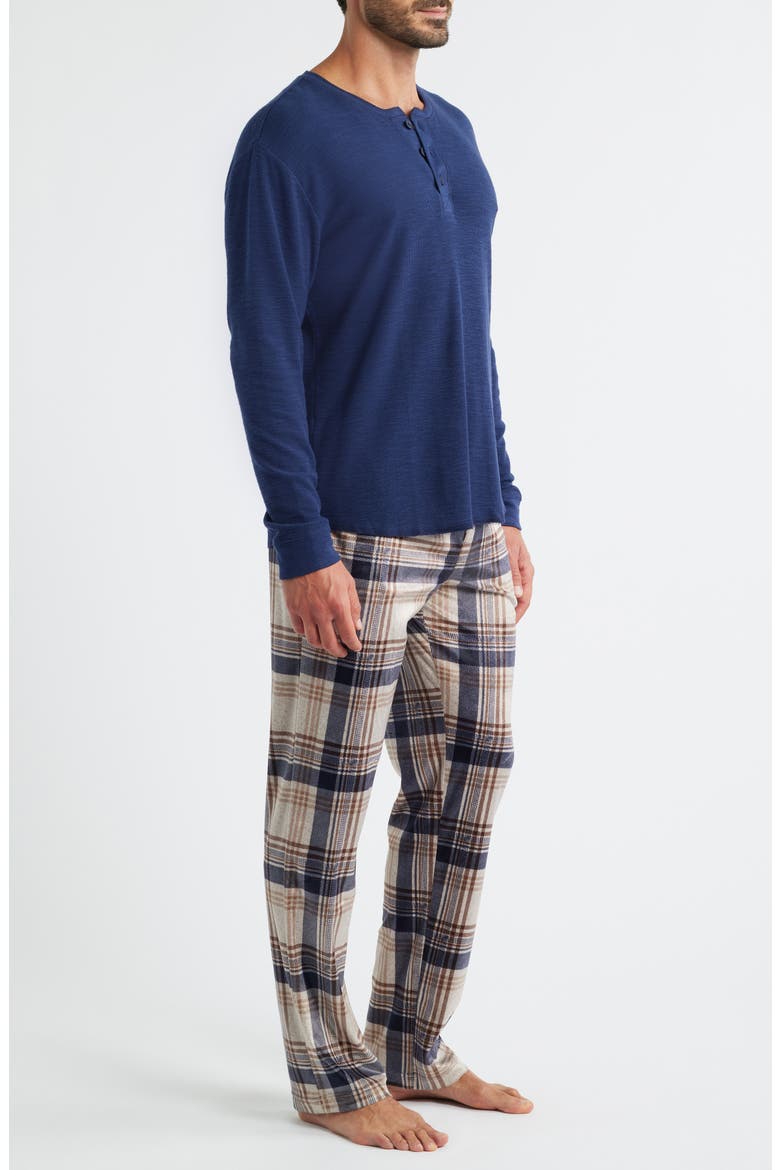 Crossroads Long Sleeve Henley & Plaid Fleece Pajama Pants Set, Alternate, color, COFFEE