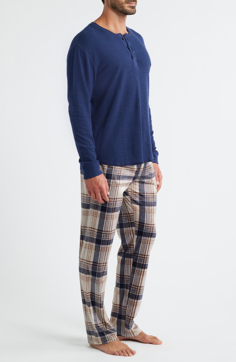 Majestic International Crossroads Long Sleeve Henley & Plaid Fleece Pajama Pants Set, Alternate, color, Coffee