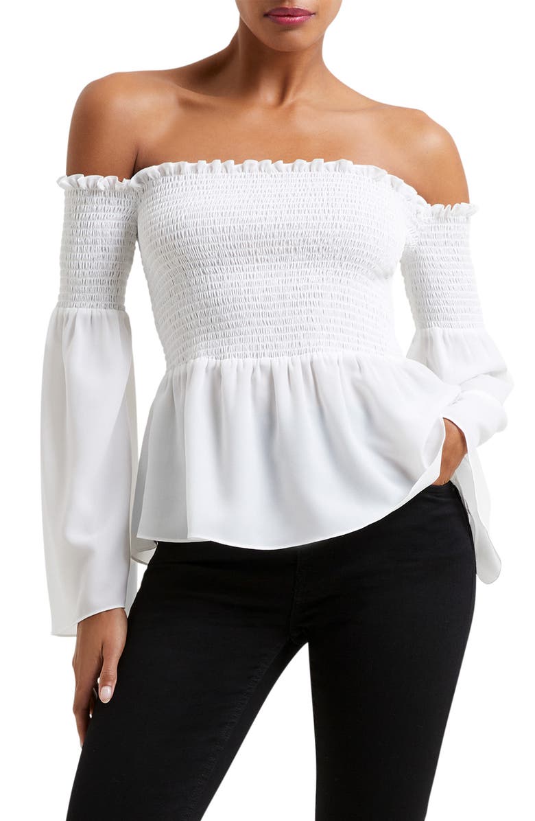 French Connection Smocked Off the Shoulder Blouse, Main, color, 10-Summer White