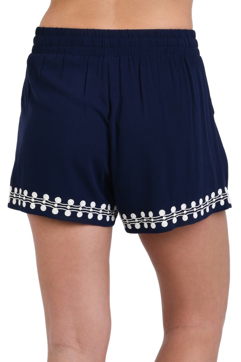 Sea Scallops Embroidered Trim Cover-Up Beach Shorts, Alternate, color, INDIGO