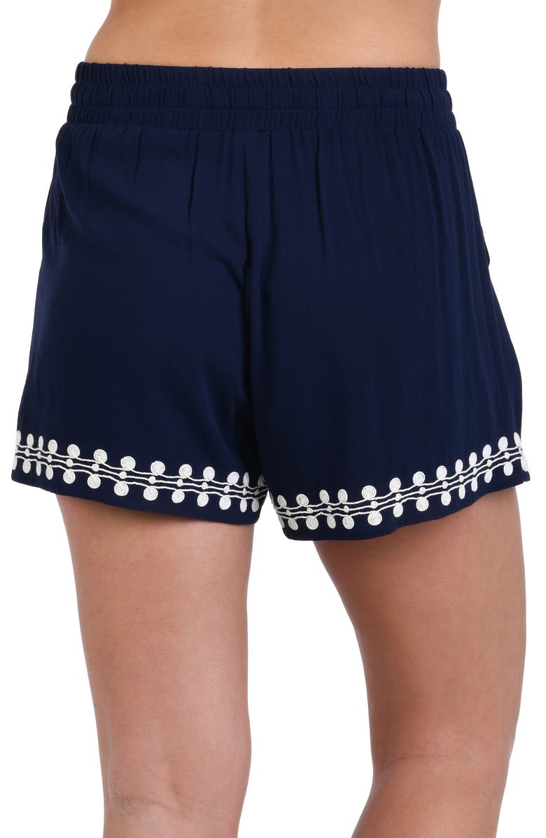 La Blanca Sea Scallops Embroidered Trim Cover-Up Beach Shorts, Alternate, color, Indigo
