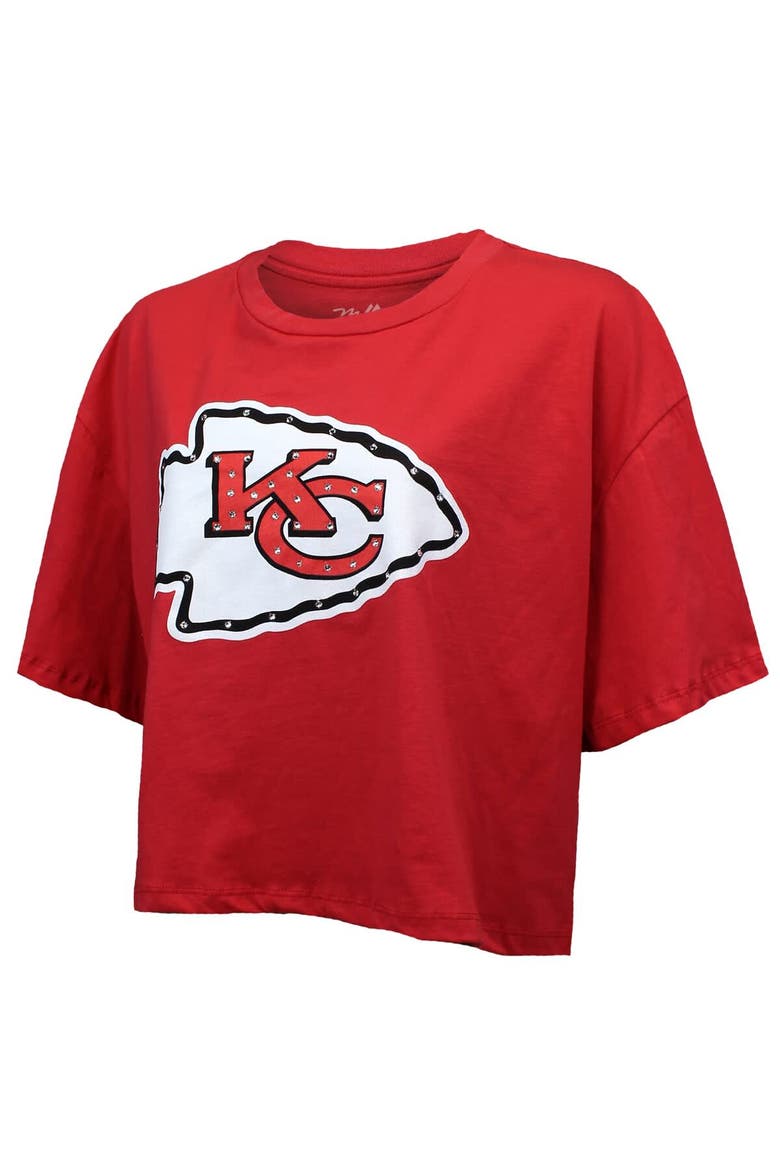 Women's Majestic Threads Patrick Mahomes Red Kansas City Chiefs Swarovski Crystals Boxy Cropped Name & Number T-Shirt, Alternate, color, Red