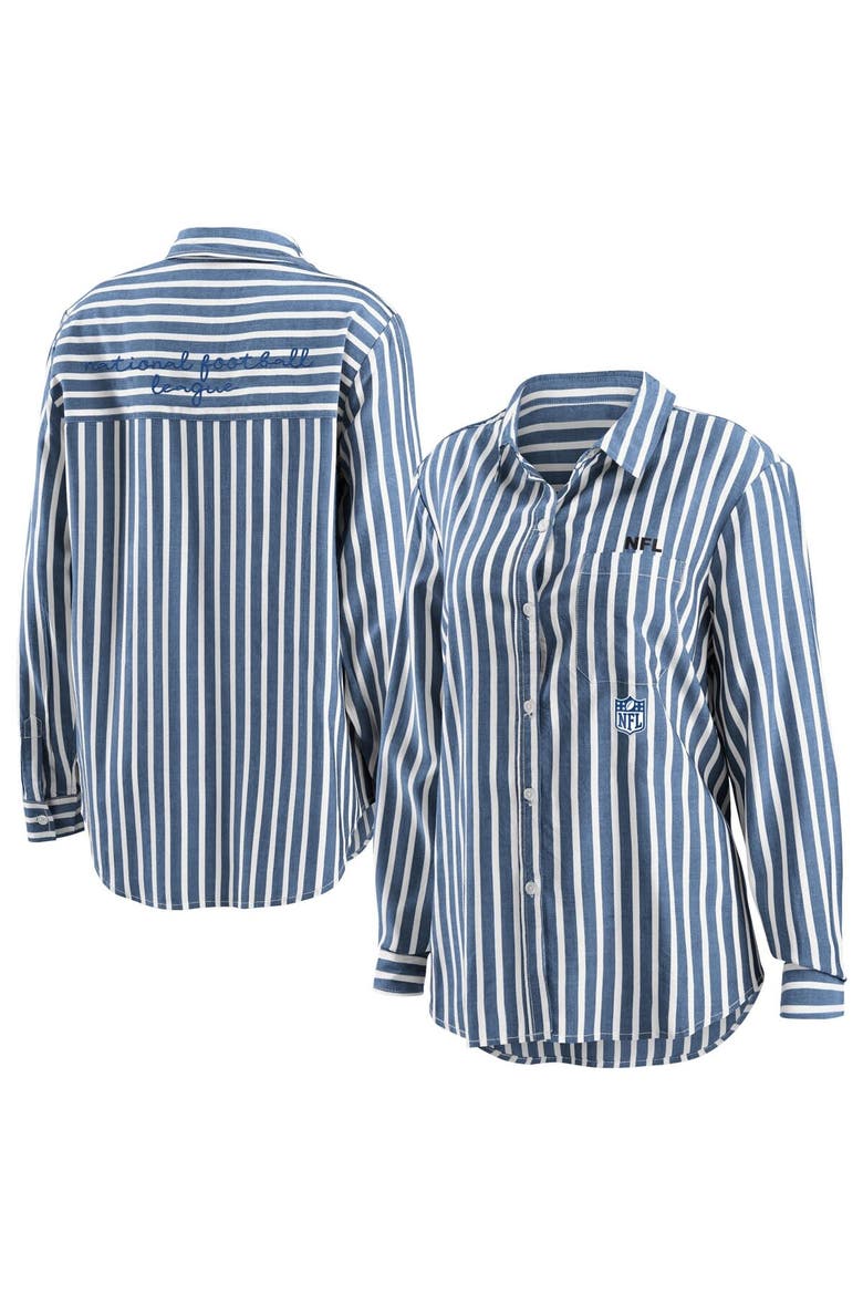 Women's WEAR by Erin Andrews Navy NFL Striped Full-Button Long Sleeve Shirt, Main, color, Navy