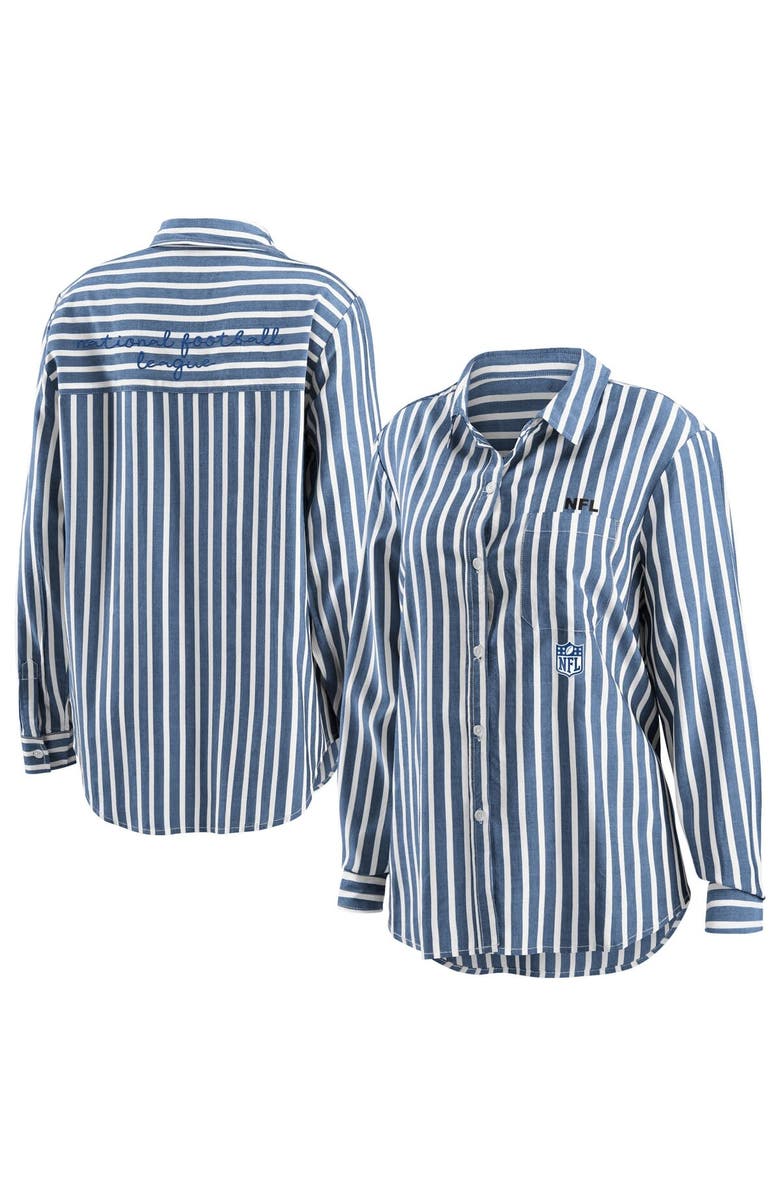 WEAR by Erin Andrews Women's WEAR by Erin Andrews Navy NFL Striped Full-Button Long Sleeve Shirt, Main, color, 