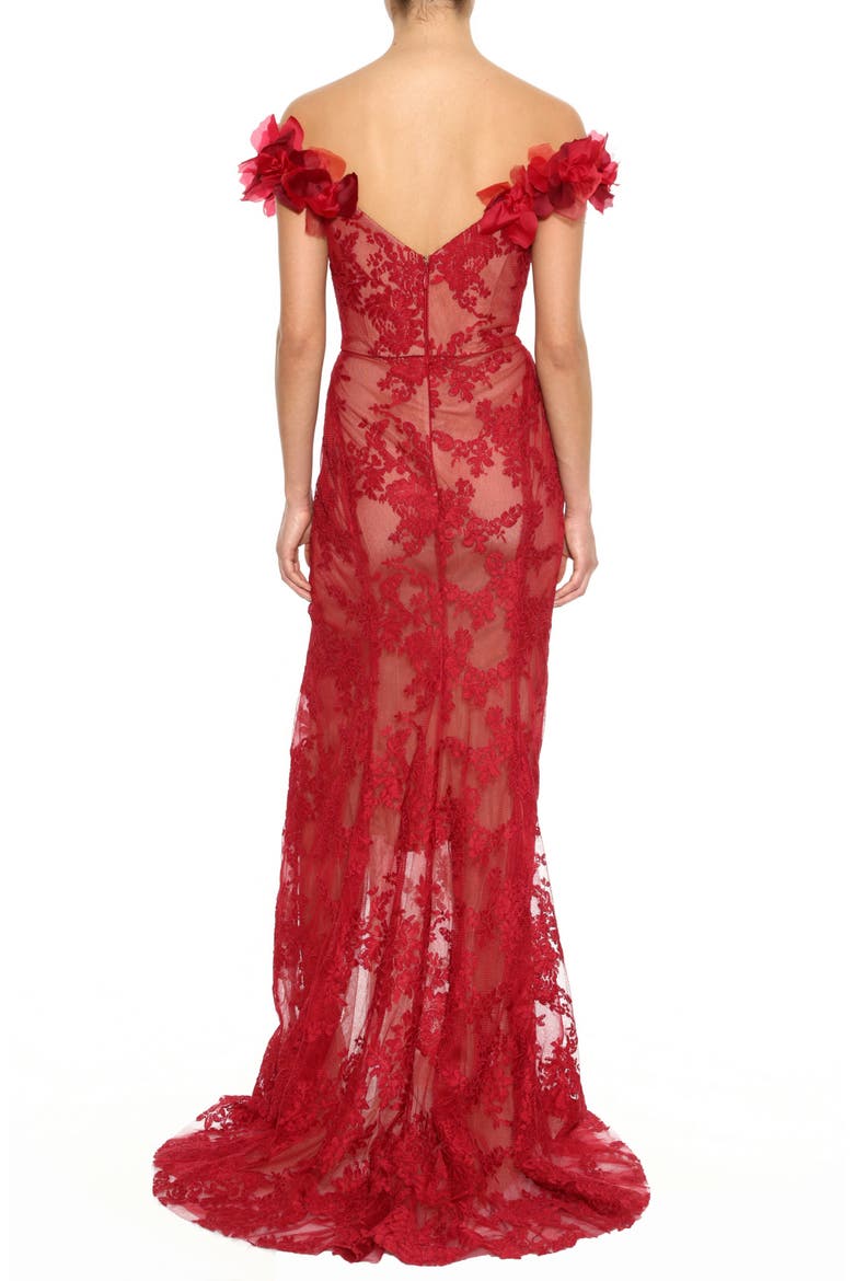 Floral Off The Shoulder Lace Gown, Alternate, color, SCARLET