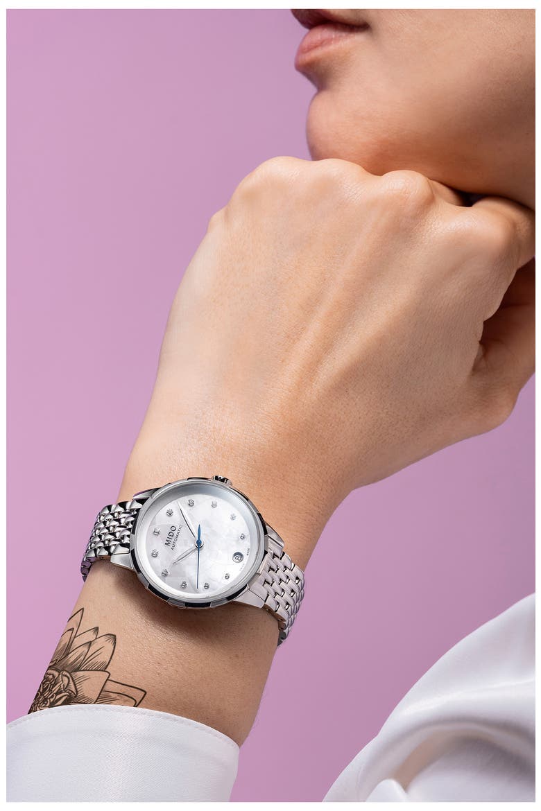 Rainflower Diamond Automatic Bracelet Watch, 34mm, Alternate, color, WHITE MOTHER OF PEARL