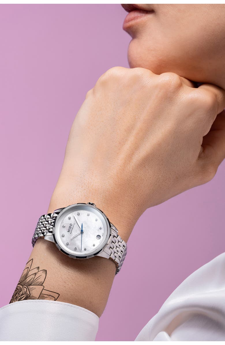 MIDO Rainflower Diamond Automatic Bracelet Watch, 34mm, Alternate, color, White Mother Of Pearl