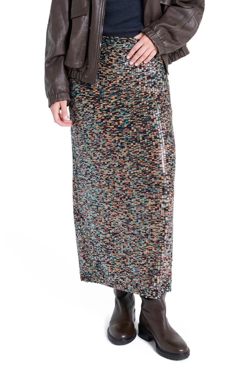 Sylkie Sequin Silk Skirt, Main, color, DARK CHOCOLATE