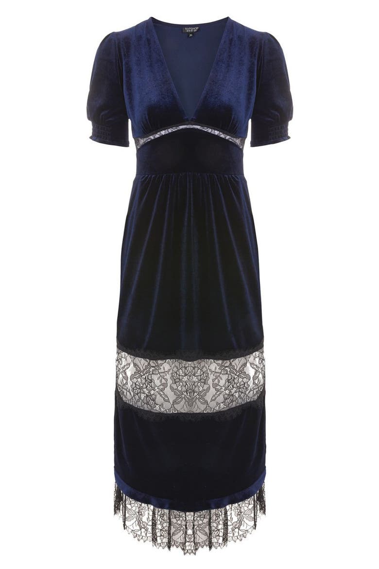 Velvet & Lace Puff Sleeve Midi Dress, Alternate, color, NAVY BLUE