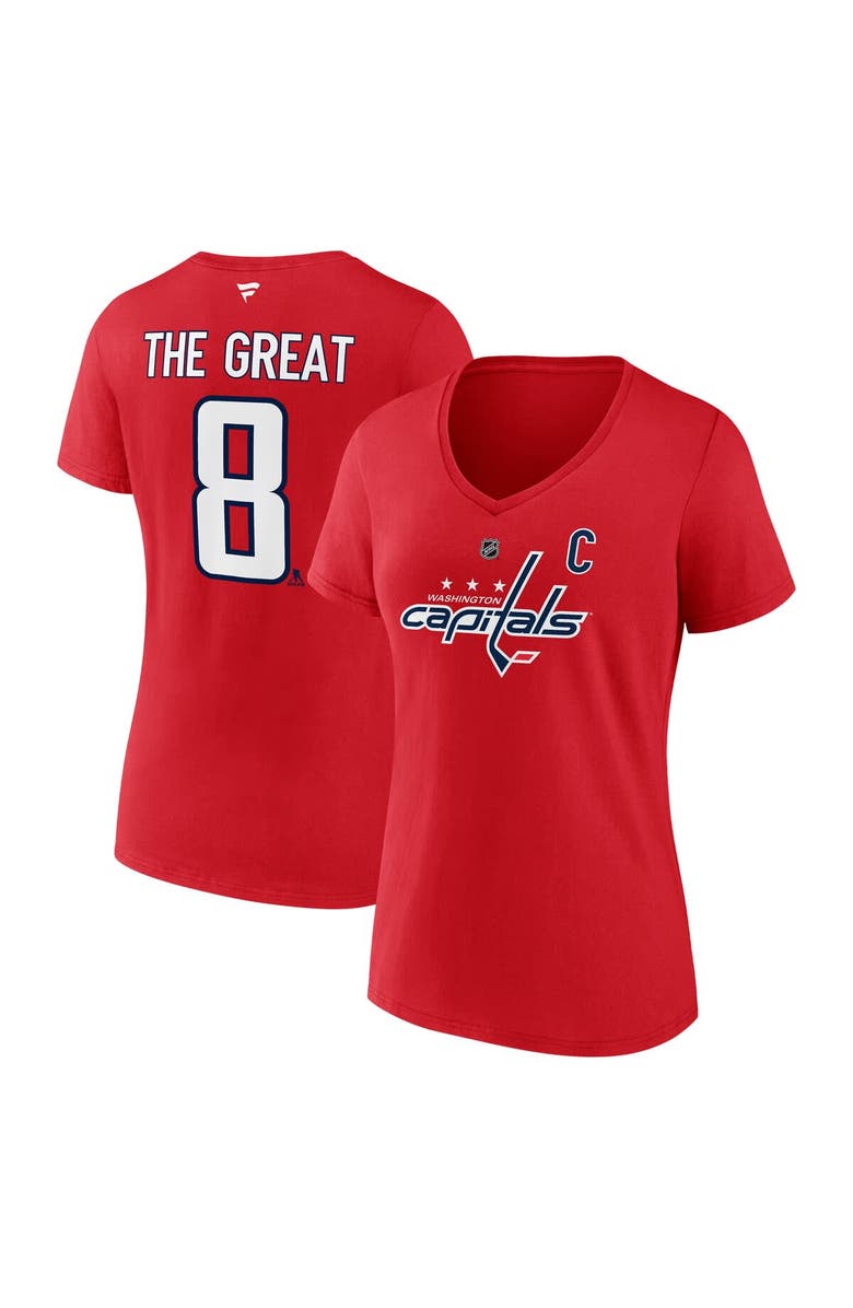 FANATICS Women's Fanatics Alexander Ovechkin Athletic Red Washington Capitals NHL All-Time Leading Goal Scorer The Great 8 Name & Number V-Neck T-Shirt, Alternate, color, Athletic Red