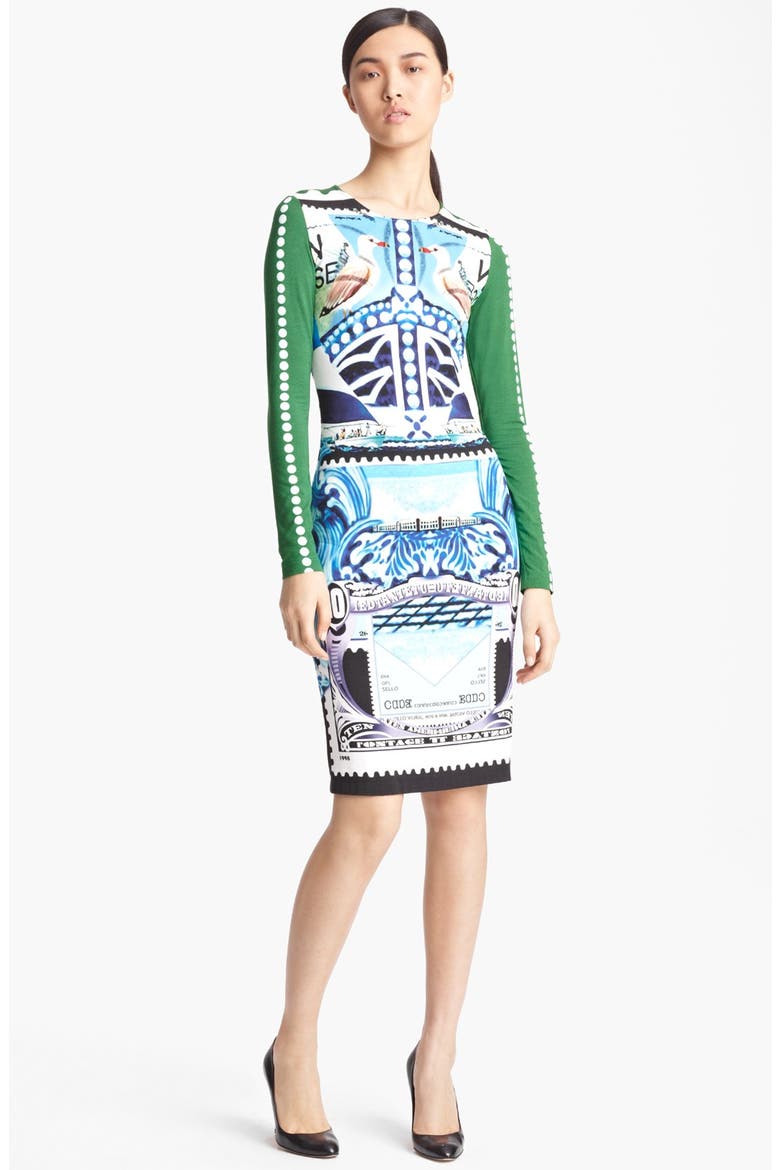 Bird Print Jersey Dress, Main, color, BLUE WHITE BROWN
