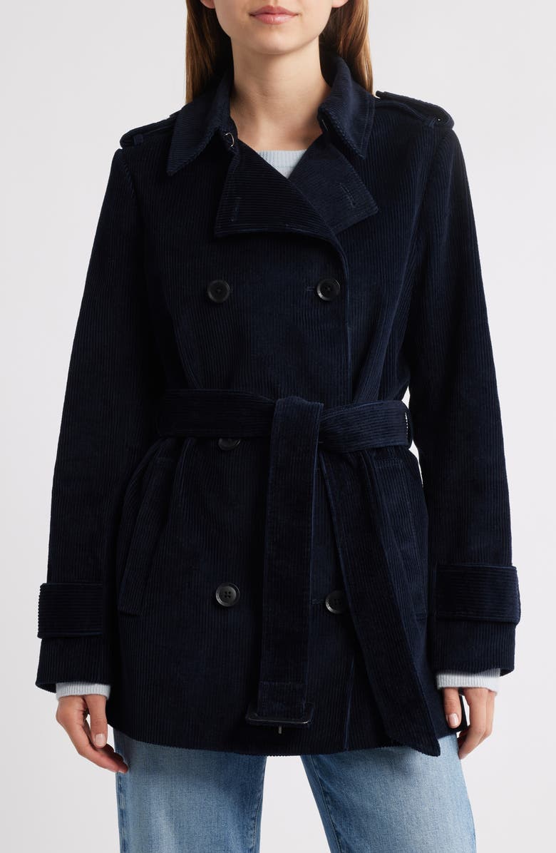 BCBGMAXAZRIA Belted Corduroy Trench Coat, Main, color, Indigo