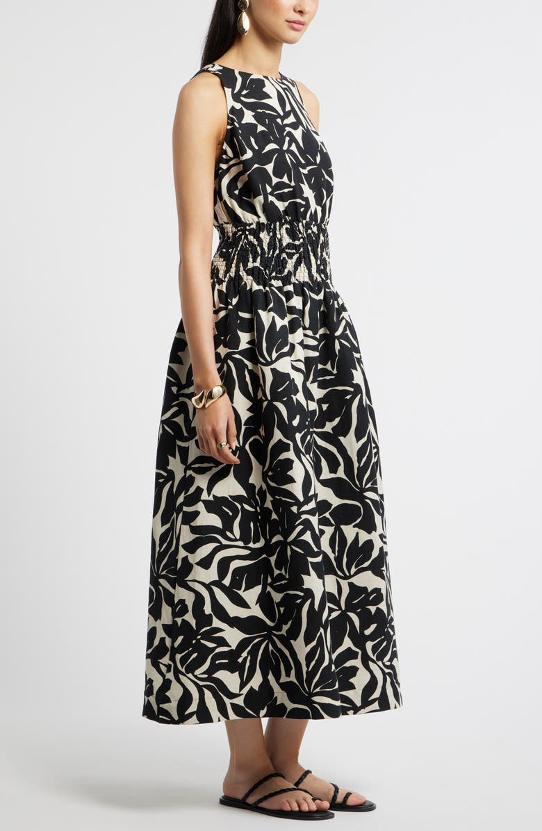 Nordstrom Smocked Waist Linen Blend Dress, Alternate, color, Beige- Black Fira Bloom