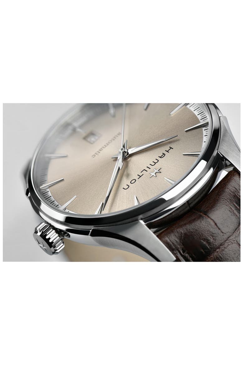 Jazzmaster Automatic Leather Strap Watch, 40mm, Alternate, color, BROWN