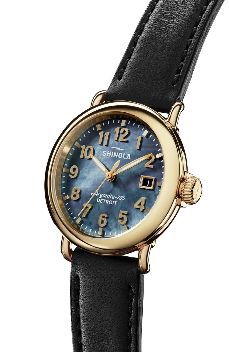 Shinola Runwell Leather Strap Watch, 36mm, Alternate, color, Black Mother Of Pearl