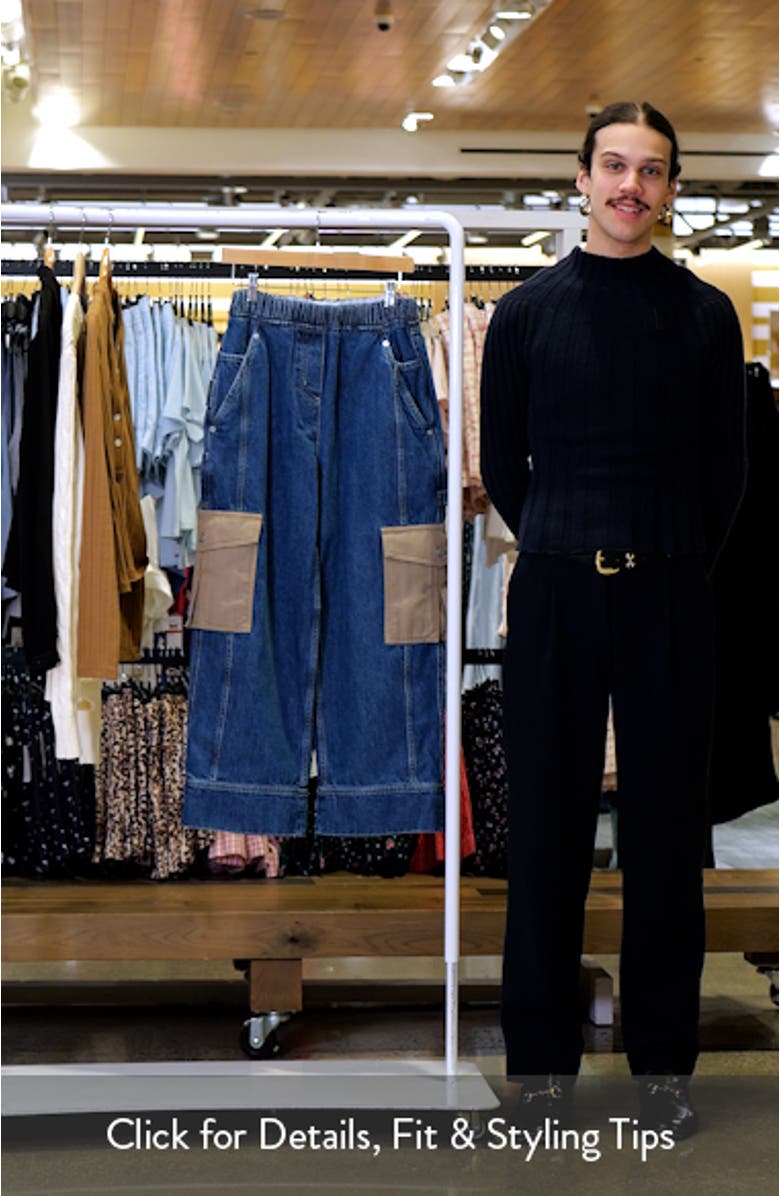 Patchwork Wide Leg Elastic Waist Cargo Jeans, sales video thumbnail