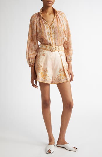 【Zimmermann】Acacia Tuck printed high-rise linen shorts Zimmermann Acacia Tuck Linen Belted Shorts | Saks Fifth Avenue