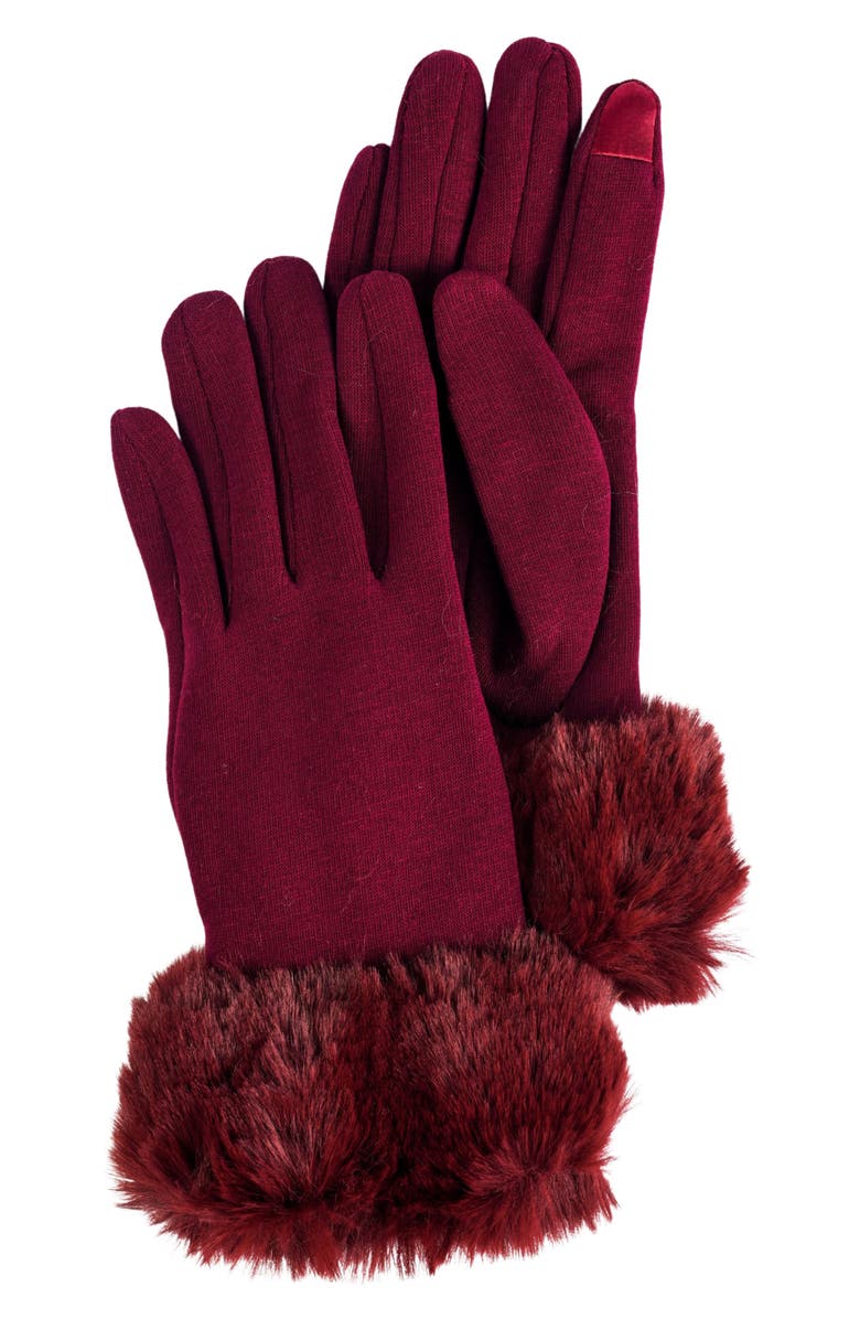 MARCUS ADLER Faux Fur Cuff Jersey Knit Gloves, Main, color, Burgundy
