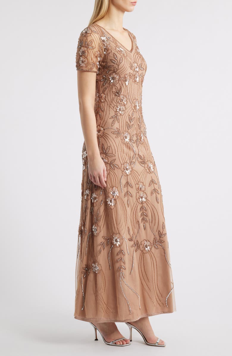 Pisarro Nights Beaded Tulle Gown, Alternate, color, Mocha
