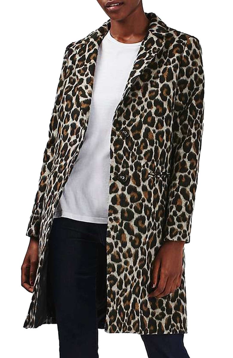 Topshop Leopard Print Car Coat, Main, color,