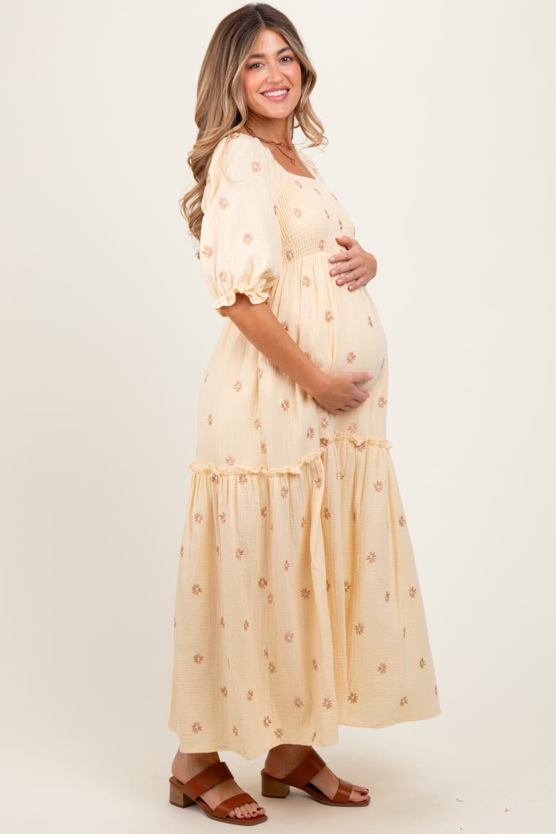 Floral Smocked Puff Sleeve Maxi Dress, Alternate, color, Cream