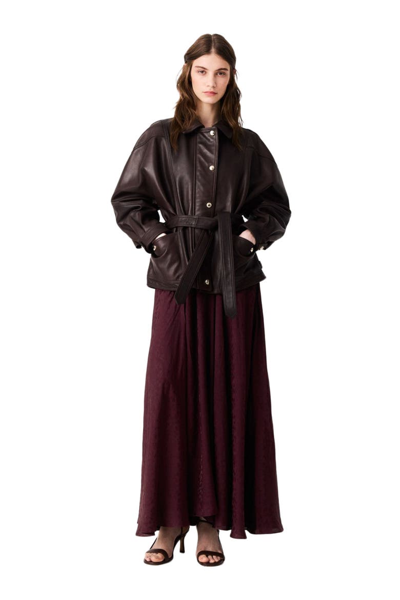 Oversize gold-button leather jacket, Main, color, Brown