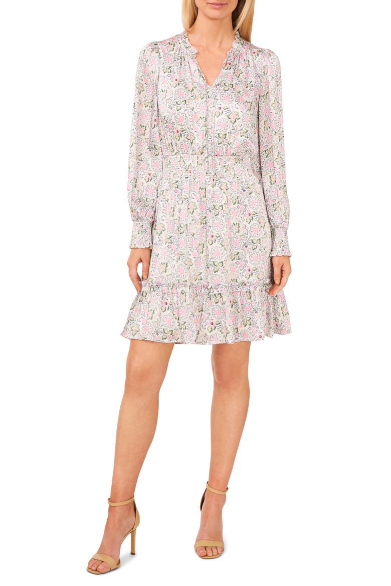 Floral Smocked Ruffle Long Sleeve Dress, Main, color, NEW IVORY