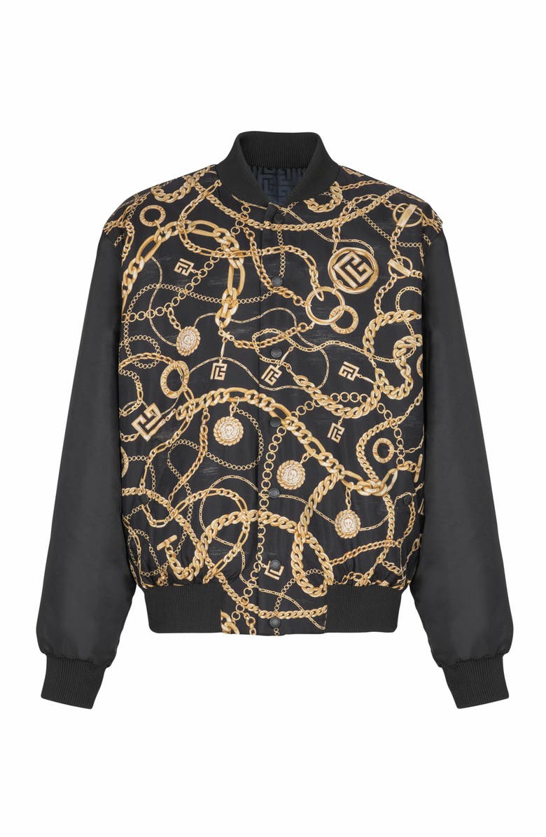 Balmain Reversible Printed Bomber Jacket With Chaînes Pattern, Alternate, color, Black