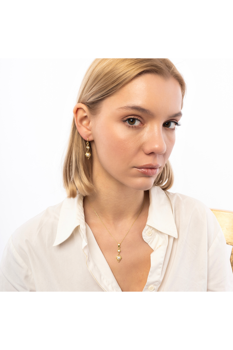 Sterling Silver Rhombus 3D Pearl Earrings, Alternate, color, Gold