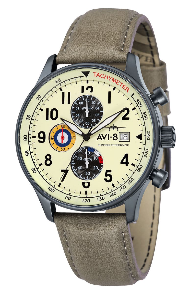 AVI-8 Hawker Hurricane Chronograph Leather Strap Watch, 42mm, Main, color, 