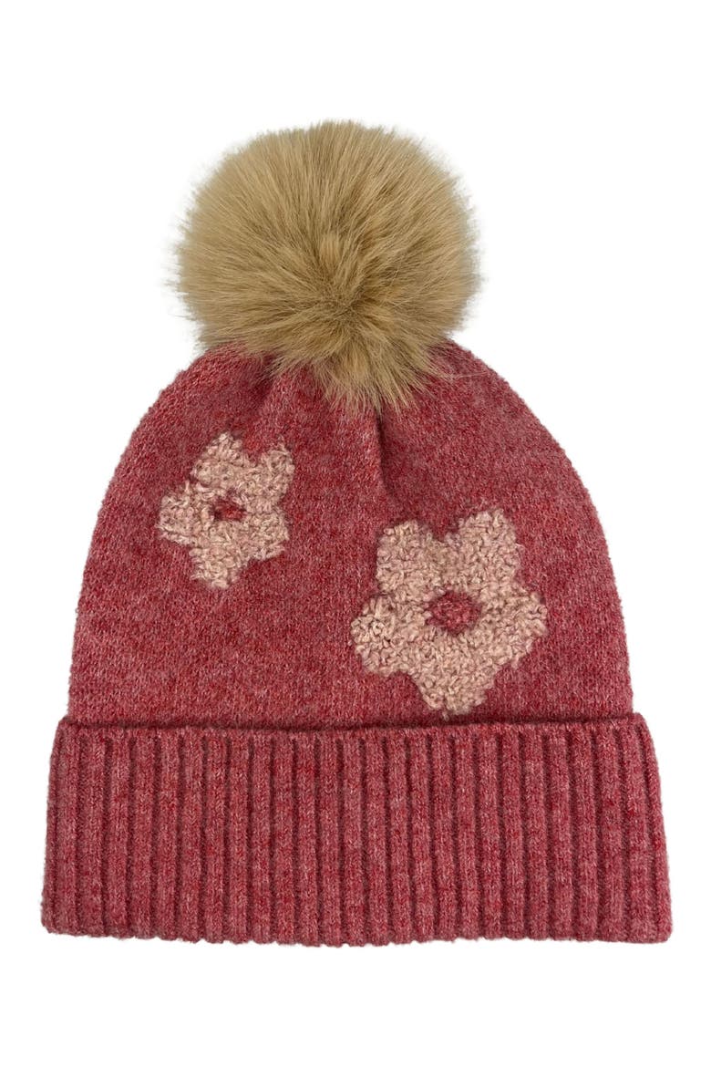 Flower Faux Fur Pompom Beanie, Main, color, PINK