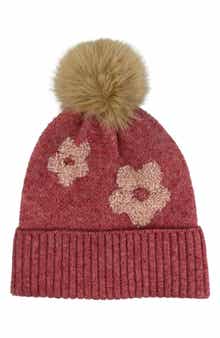 MARCUS ADLER Flower Faux Fur Pompom Beanie