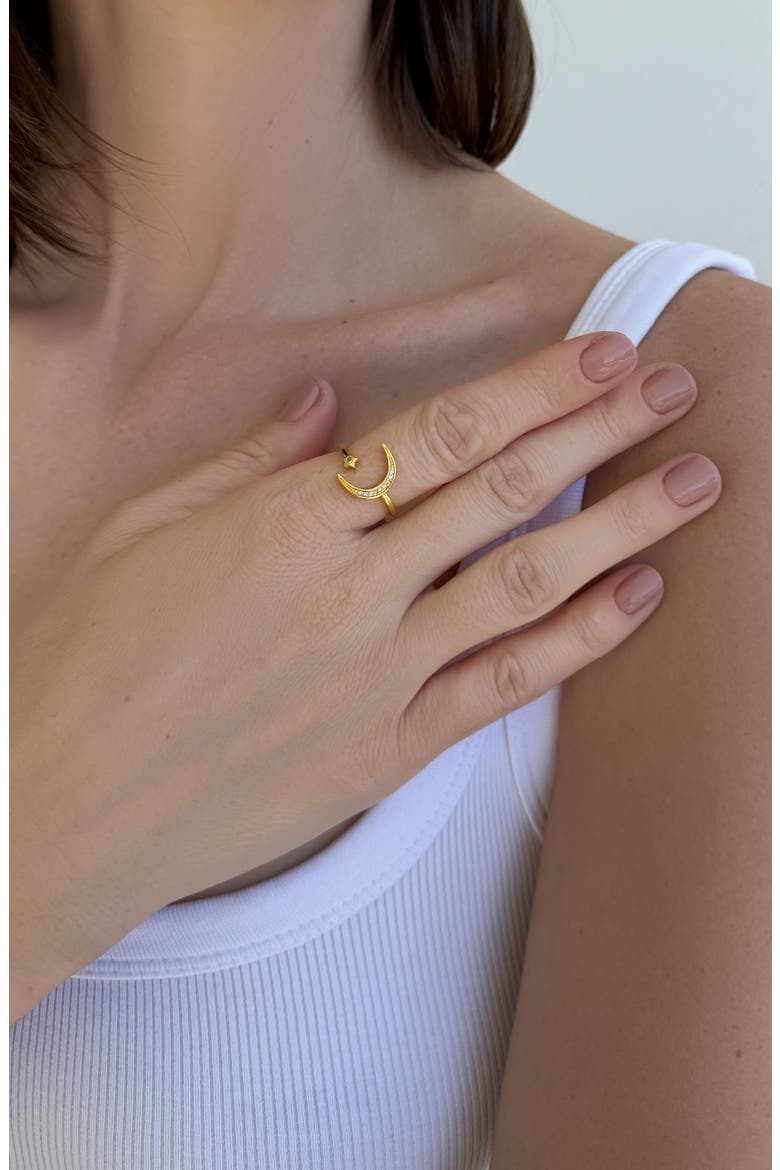 14K Gold Plated Cubic Zirconia Moon & Star Open Band Ring, Alternate, color, GOLD