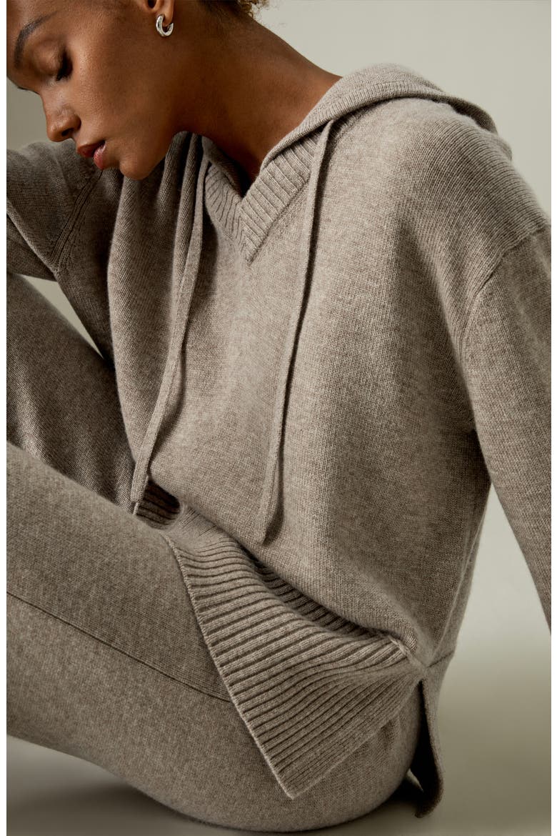 Women's V Neck Wool-Cashmere Blend Hoodie, Alternate, color, Camel