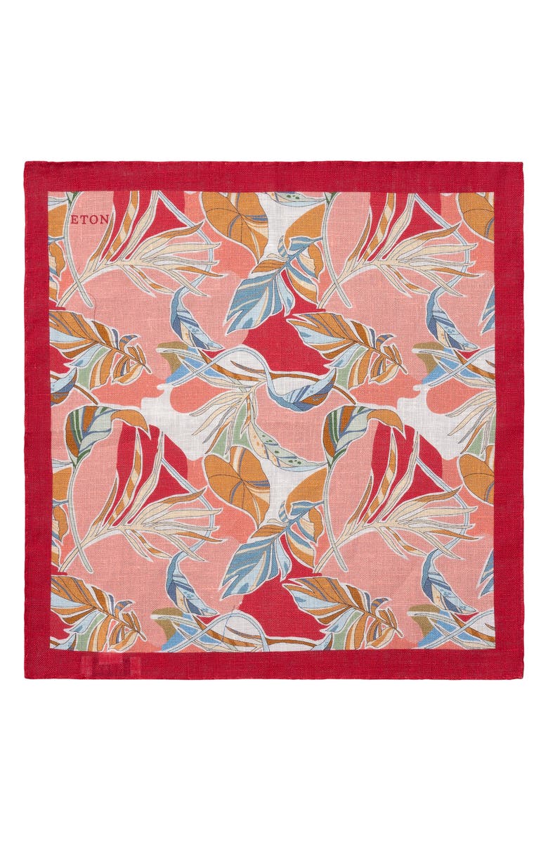 Eton Tropical Print Linen Pocket Square, Alternate, color, Medium Red