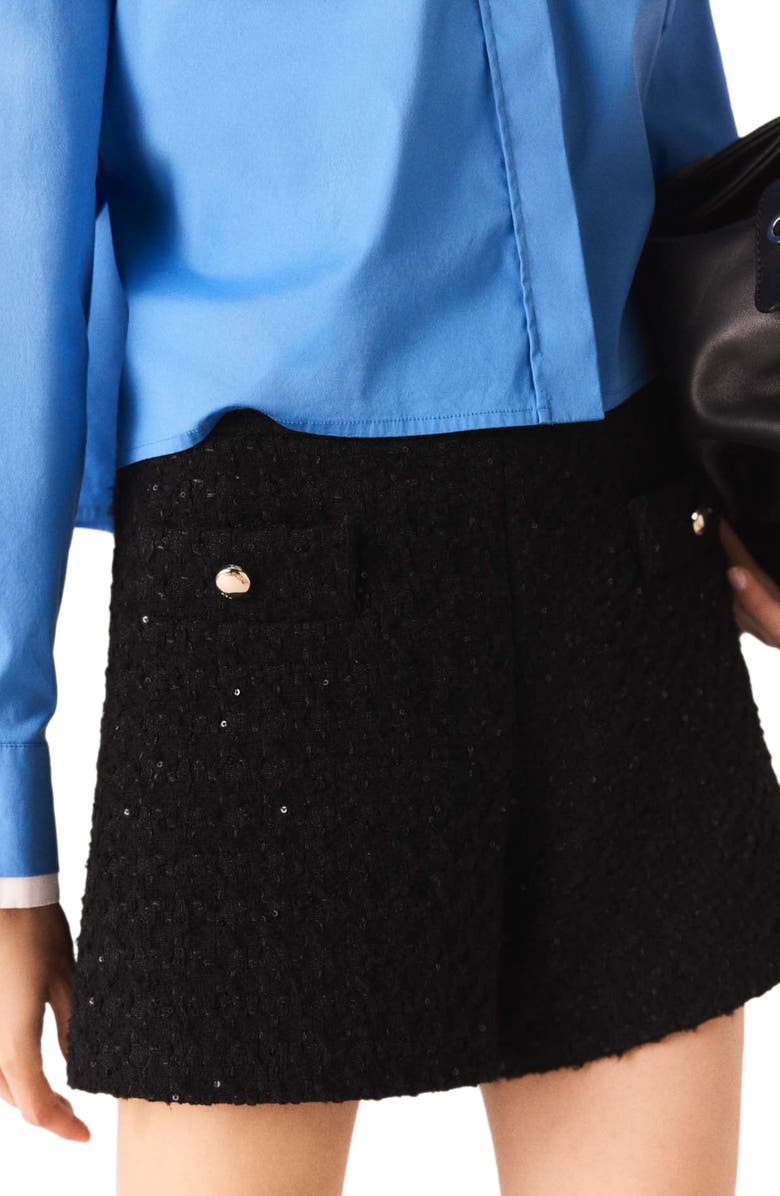 maje Rhinestone tweed shorts, Alternate, color, Black