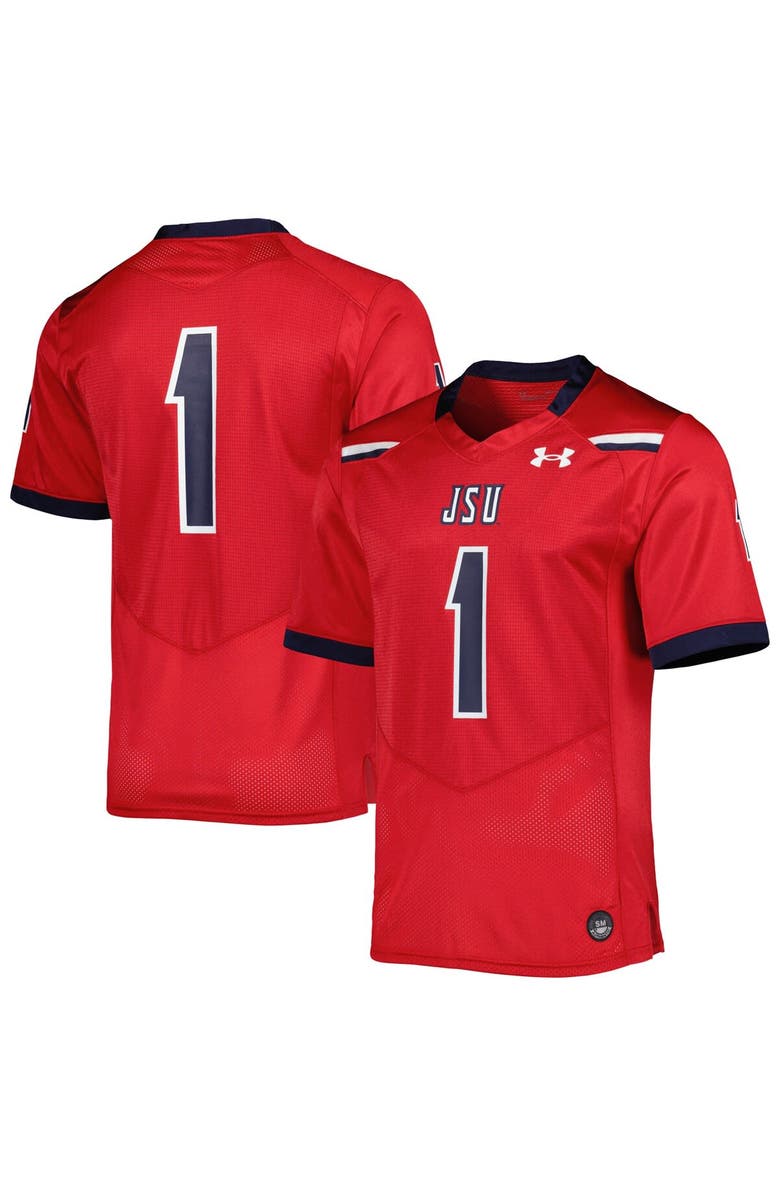 Under Armour Men's Under Armour #1 Red Jackson State Tigers Team Wordmark Replica Football Jersey, Main, color, Red