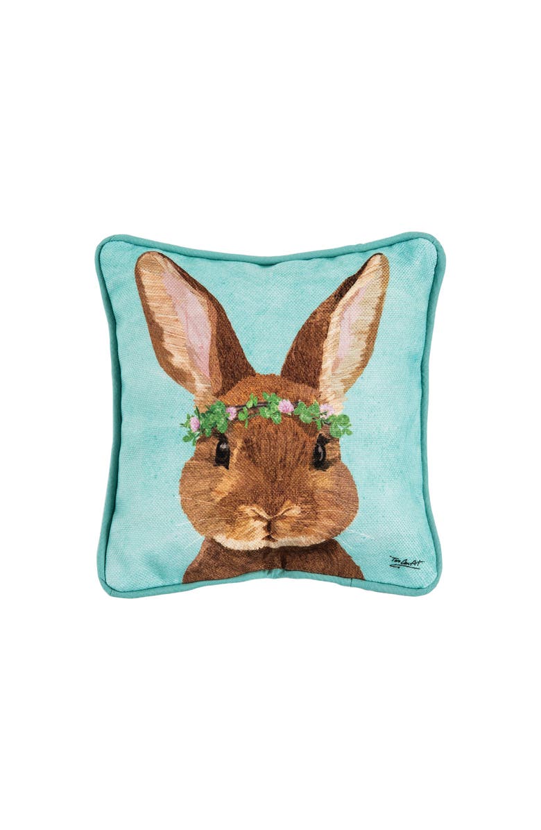 C&F Home Clover Crown Wreath Easter Bunny Cotton Blend Mini Accent Pillow 8" x 8", Main, color,