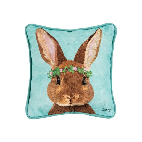 Clover Crown Wreath Easter Bunny Cotton Blend Mini Accent Pillow 8" x 8"