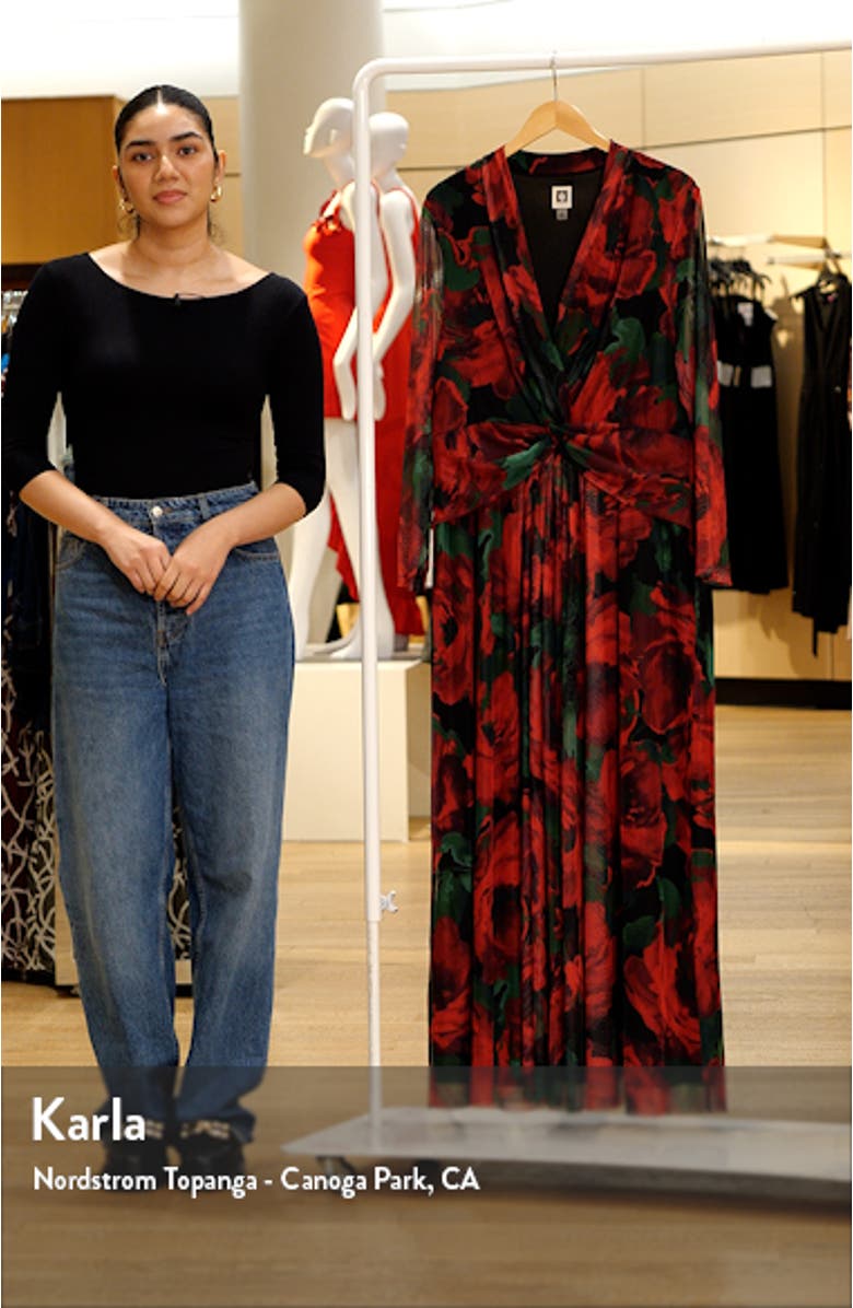 Floral Twist Front Long Sleeve Mesh Maxi Dress, sales video thumbnail