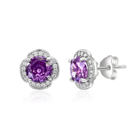Sterling Silver Halo Amethyst Earrings